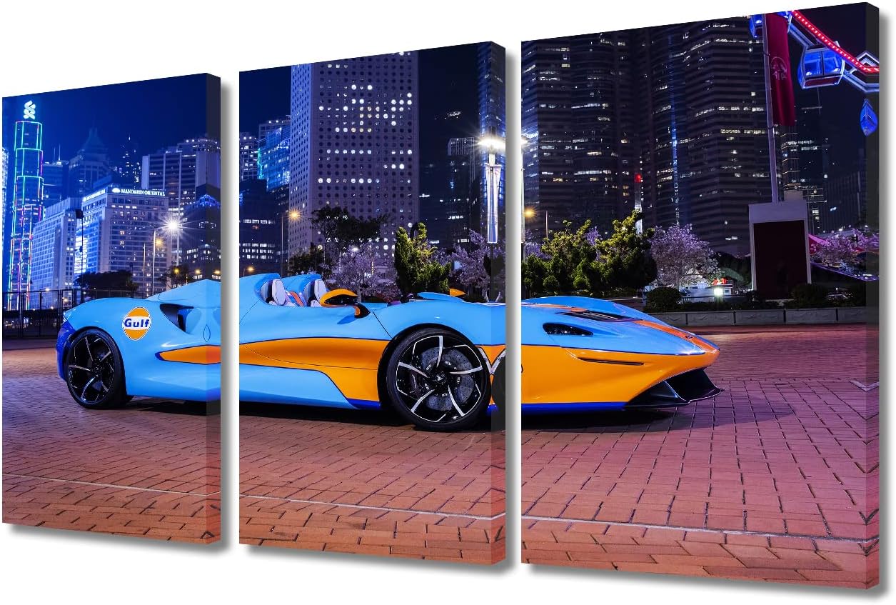 TUMOVO Blue and Orange Sports Car Canvas Wall Art City Night View Wall Art for Living Room Pictures for Bedroom Modern Home Decor Office Bathroom Decorations Artwork Framed Ready to Hang, 36" Wx24 H
