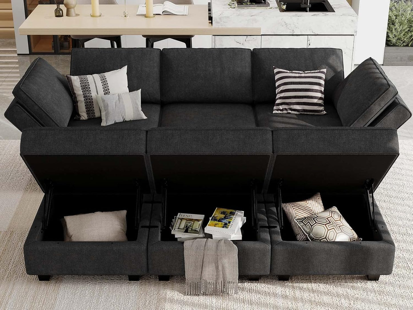 Belffin Terry Fabric Modular Sectional Sleeper Sofa Bed with Storage Convertible Sectional Couches for Living Room 6 Seaters Black Modular Sofa