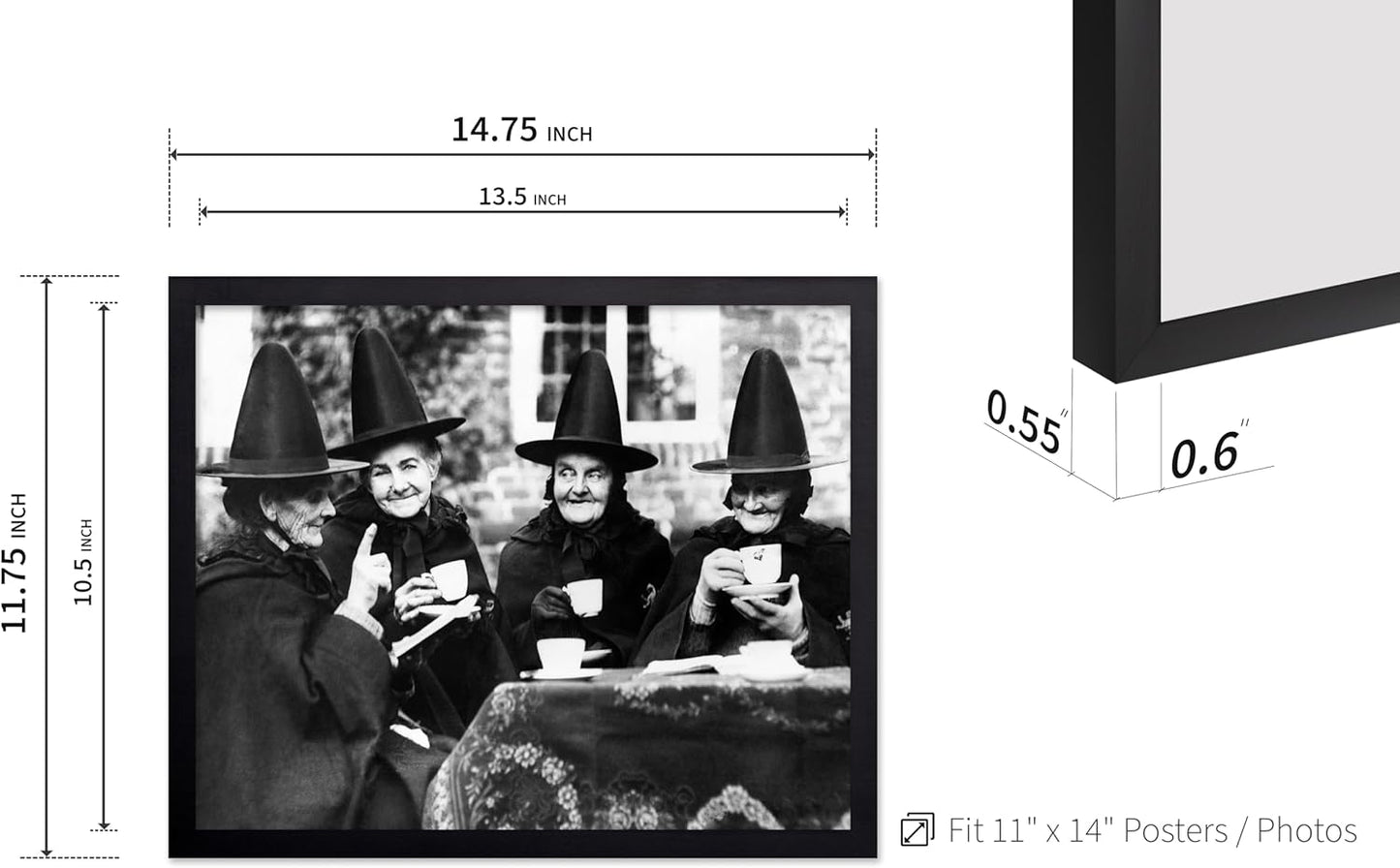 Poster Master Classic Photograph Poster - Vintage Halloween Print - Gift for Artist, Friend - Witches Tea Party, Old Women Smiling, Wearing Robes - Wall Decor for Living Room, 11x14 Black Framed
