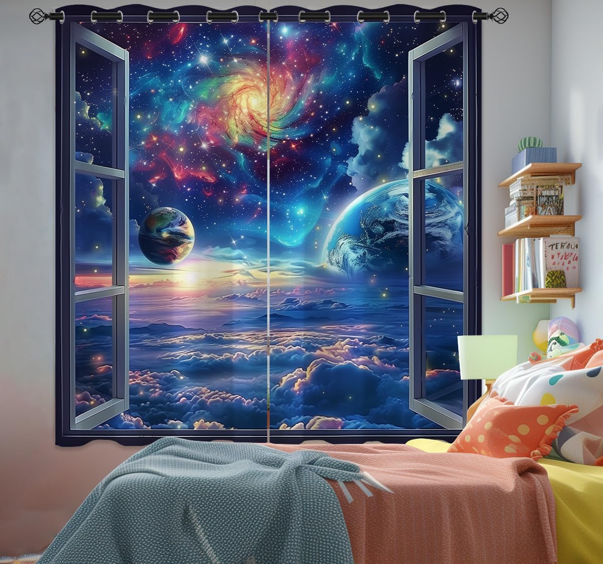 Space Galaxy Blackout Curtains for Girls Boys Kids Home Decor, Universe Nebula Galaxies Solar Planet Grommet Thermal Insulated Drapes Darkening Window Curtain for Bedroom Living Room, 42 x 45 Inch