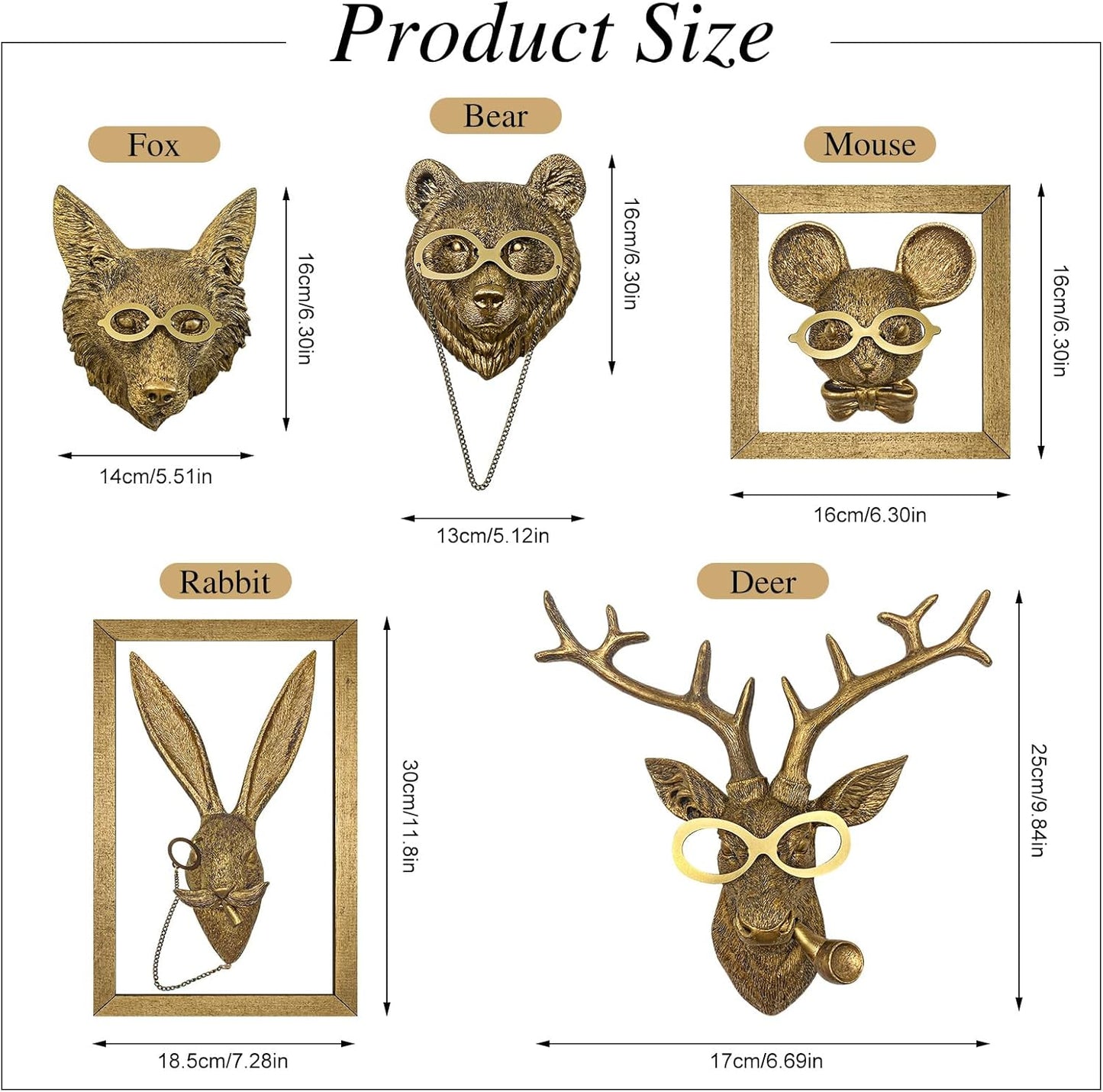 Animal Heads Wall Decor, animal wall art,Resin Animal Head Wall Hanging Decoration for Living Room Bedroom Office Kitchen Gift,5pcs