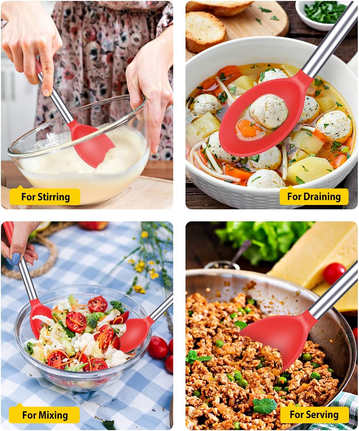 Pack of 2 Large Silicone Cooking Spoons,Non Stick Solid Basting Spoon,Heat-Resistant Kitchen Utensils for Mixing,Serving,Draining,Stirring (RED)