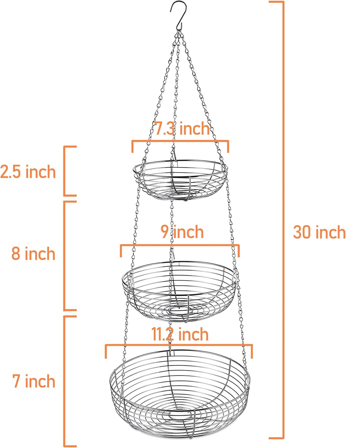 CAXXA 3-Tier Hanging Basket Fruit Organizer Kitchen Heavy Duty Wire Organizer with 2 Free Bonus Metal Ceiling Hooks, Chrome