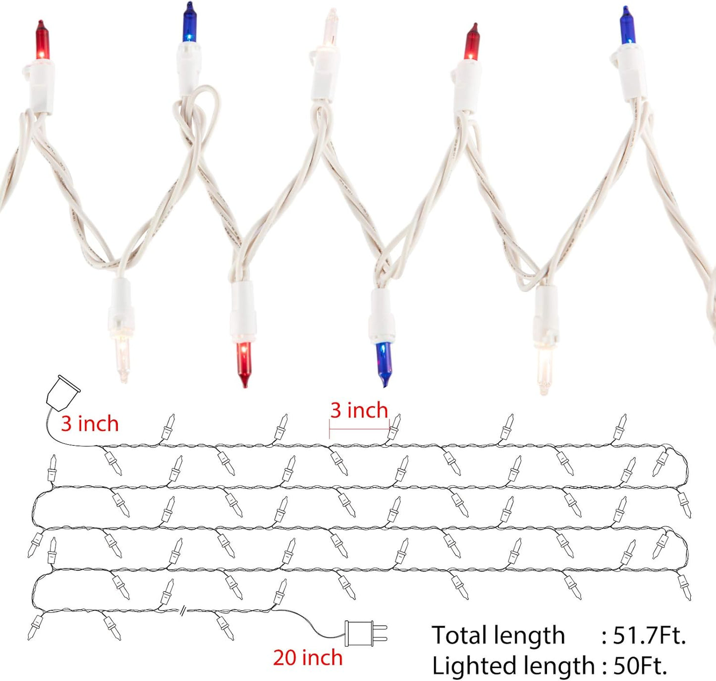 4th of July Decoration Patriotic Mini Lights - 200 Count 50 Feet Red White Blue Incandescent Bulb Waterproof String Lights Plug in for Indoor Outdoor Christmas Party Patio Independence Day Decoration