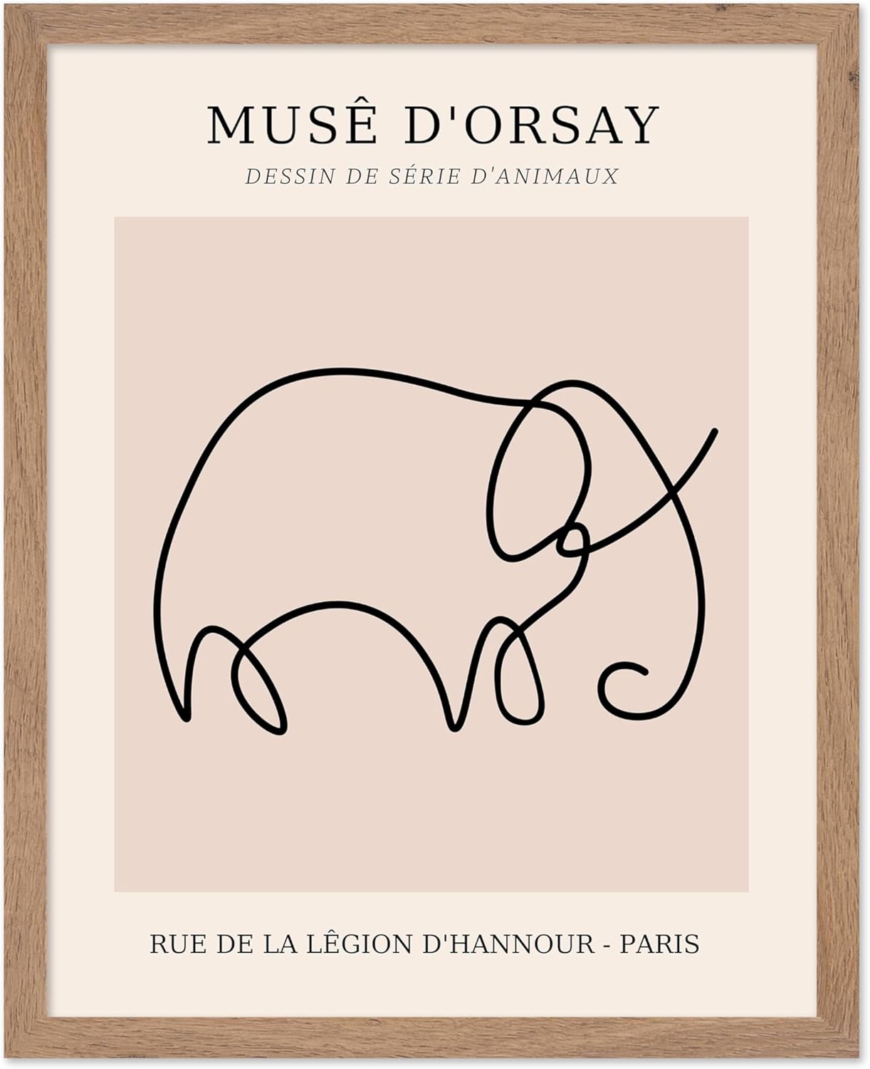 Poster Master Vintage Poster - Retro One Line Elephant Drawing Print - Elephant Art - Minimal Gift for Men, Women, Animal Lover - Abstract Wall Decor for Home, Office, 8x10 Beige Framed