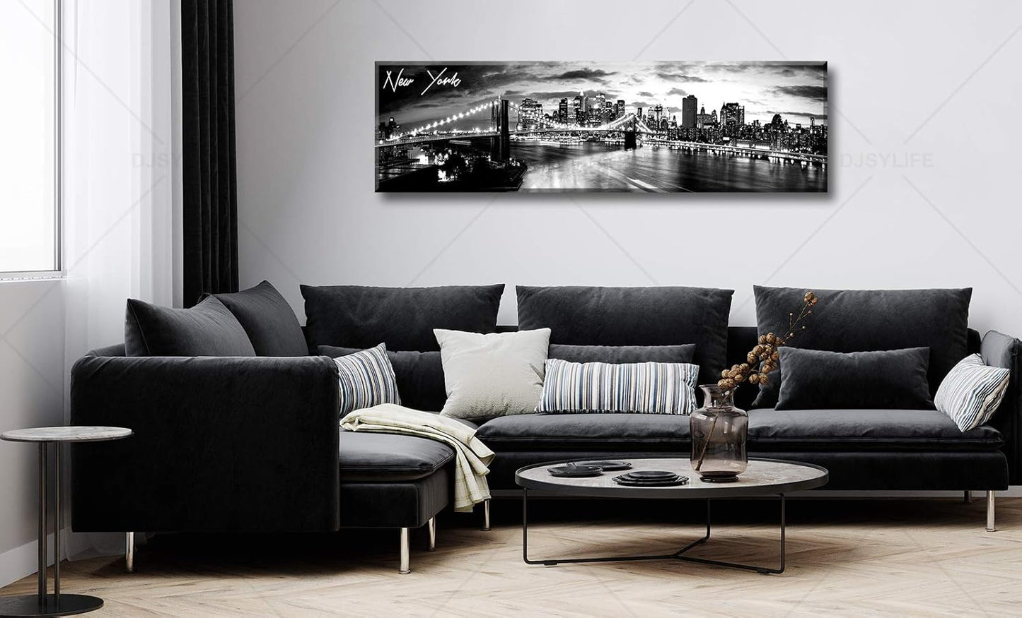 DJSYLIFE New York Skyline Wall Art - Brooklyn Bridge Night View - Black and White Nyc City Pictures Scape Artwork Painting Decoration for Bedroom or Office, Ready to Hang 13.8"x47.3"-New York1