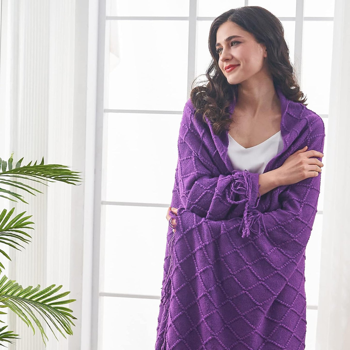 inhand Valentine's Day Gifts Throw Blanket Purple for Couch, Soft Living Room Home Decor Knitted Blanket, Outdoor Lightweight Breathable Summer Blanket, Farmhouse Warm Woven Decorative,50"x60"