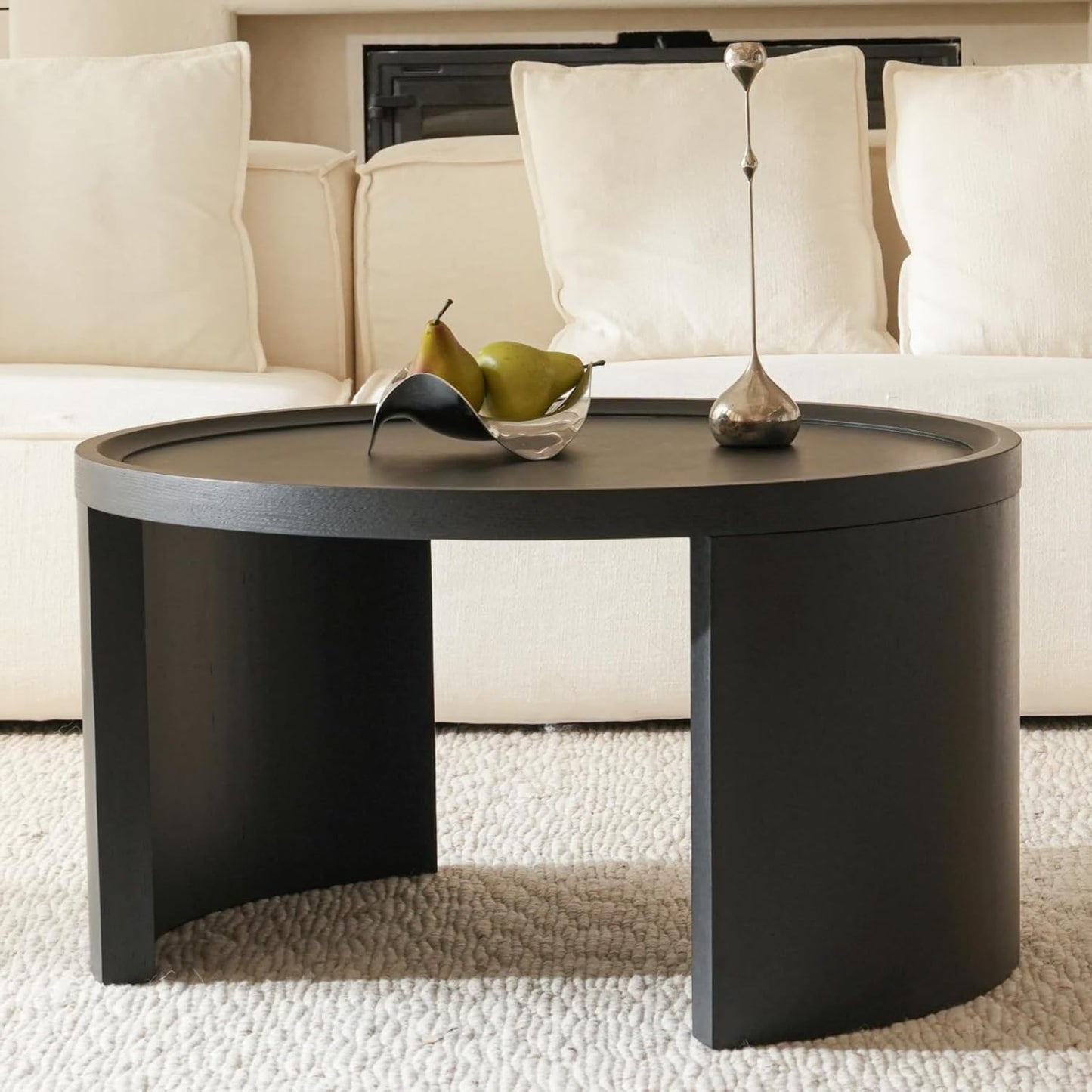 Round Nesting Coffee Table Set of 2,31.5" Large & 18" Small Low Tables with Wood Look Top,Space-Saving Side Tables for Living Room,Bedroom,Office,Minimalist Center Table Set (Black, L+S)