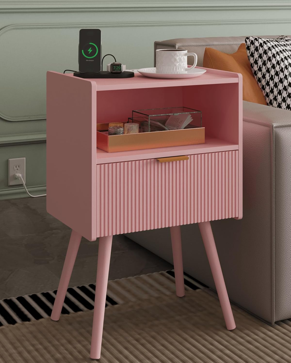 Nightstand,Modern Bedside Table with Storage Drawer and Open Wood Shelf, Accent Night Stand with Solid Wood Legs for Living Room, Bedroom and Small Spaces,Easy Assembly (Pink-Outlet)