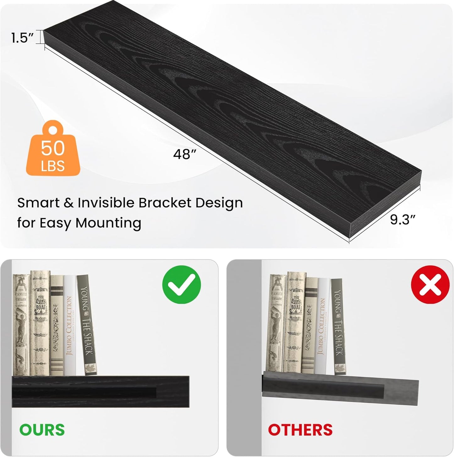 Floating Shelves for Wall, 48" W x 9.3" D x 1.5" H, Wooden Wall Mounted Display Shelves with Invisible Brackets for Living Room, Bedroom, Bathroom, Kitchen Decor and Storage, Set of 1, Black