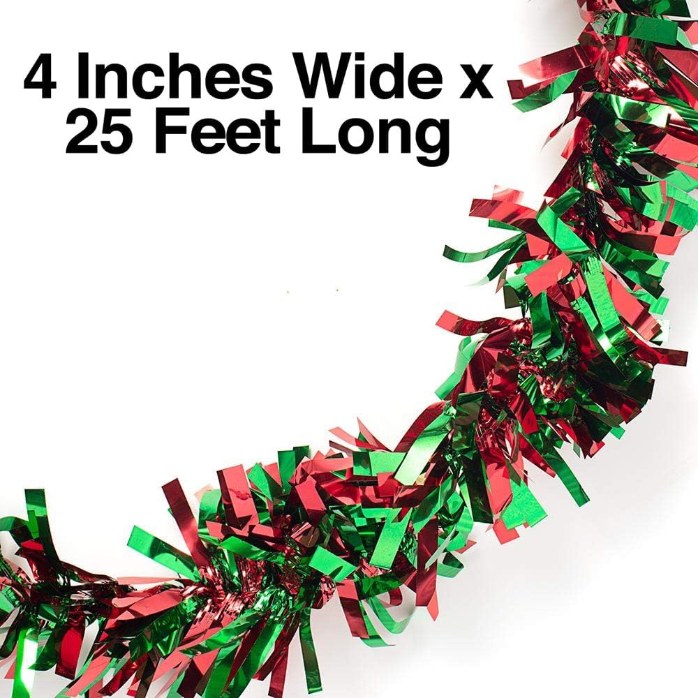 Anderson's Red & Green Metallic Tinsel Twist for Trailer Or Golf Cart, 4 inches Wide x 25 ft Long, Christmas, Birthday, New Year's Eve, Graduation and Holiday Garland Decor for Parties and Parades