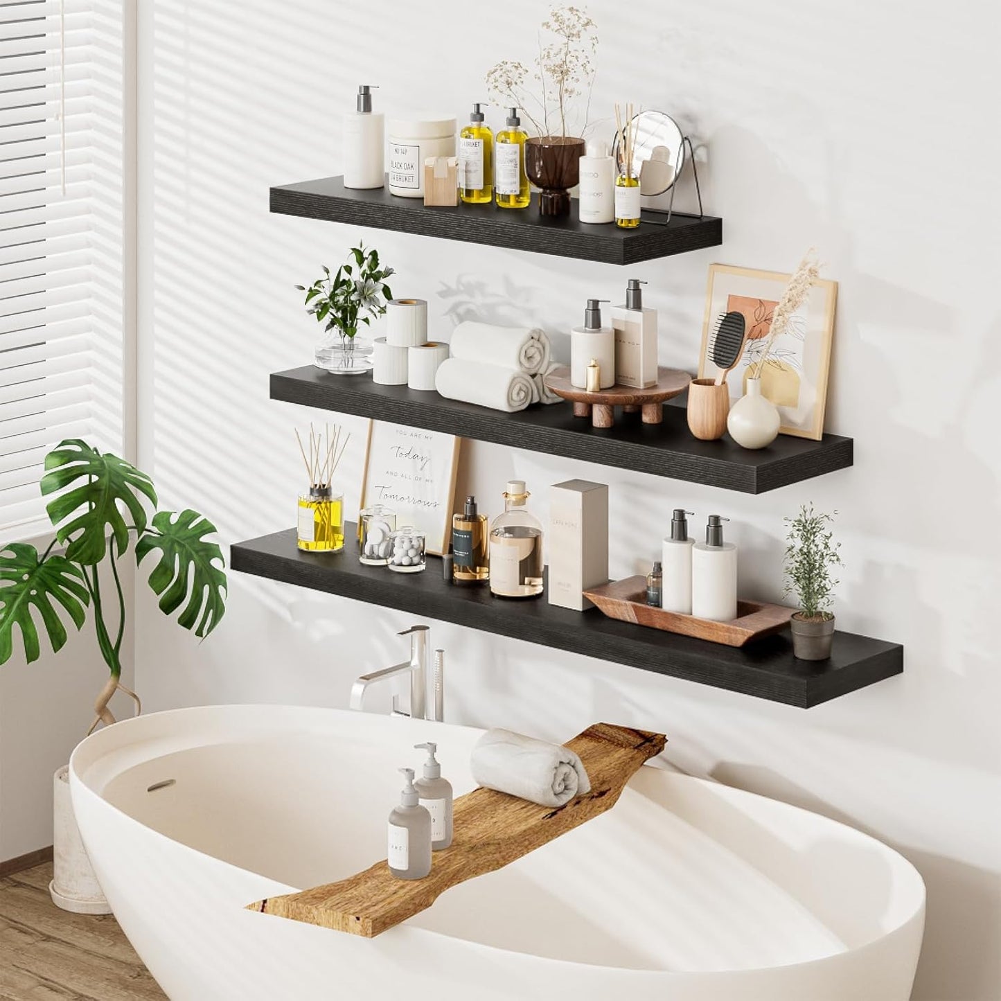 Heimlove 36 Inch Wall Shelf Bathroom Shelves Set of 2, 12" Deep Black Floating Shelves for Wall, Wall Mounted Shelves for Books Living Room Laundry Room Bedroom Kitchen Home Office