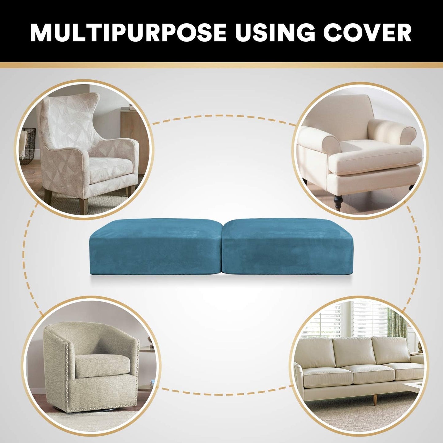 PrinceDeco Velvet Sofa Cushion Covers, Stretch Couch Cushion Covers for Individual Seat Couch Slipcover Sets Furniture Protector for Loveseat Sofa Cushion(Each Width Up to 29.5", Blue)