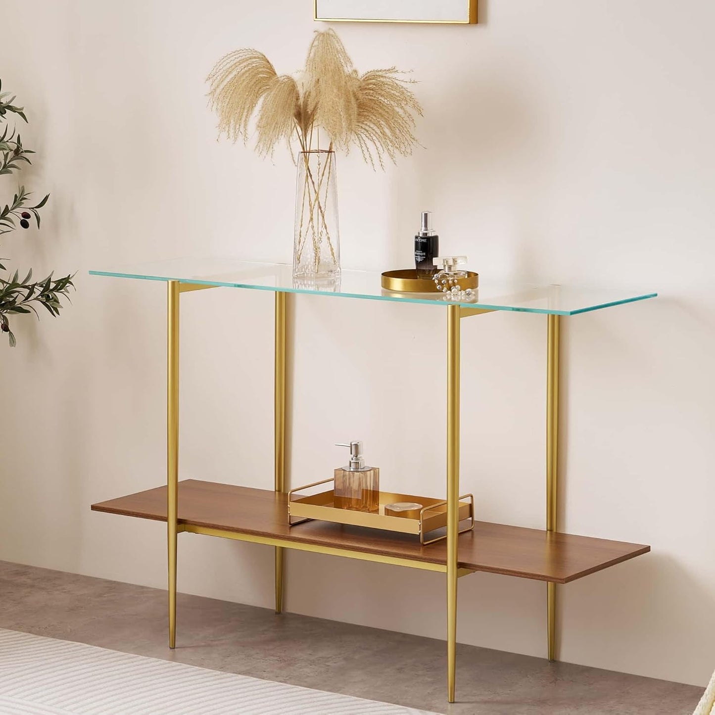 Extra Large Glass Console Table for Living Room, Foyer & Entrance, L47 x W16 x H31, Mid-Century Modern Sofa Table with Clear Glass Top, Walnut Finish Wood Top and Gold Finish Metal Frame