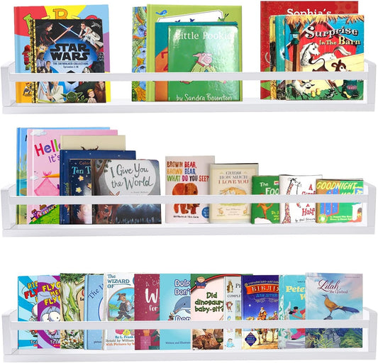 AZSKY Classic Nursery Book Shelves White Wall Book Shelves Kids Bookshelf for Bedroom Bathroom Décor Wall Ledge Shelves 36 in Hanging Shelves a Set of 3