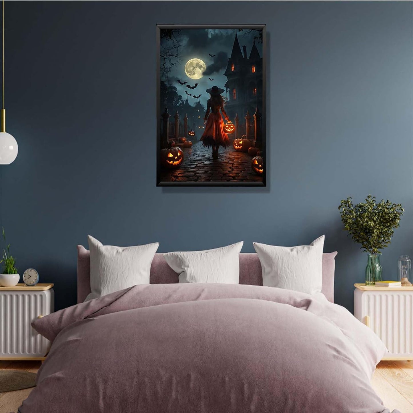 JFHCQJPK Halloween theme poster moonlit autumn night witch vintage poster art print dark college style gothic painting canvas wall decoration bedroom living room ideal gift24x36in Metal blackFramed