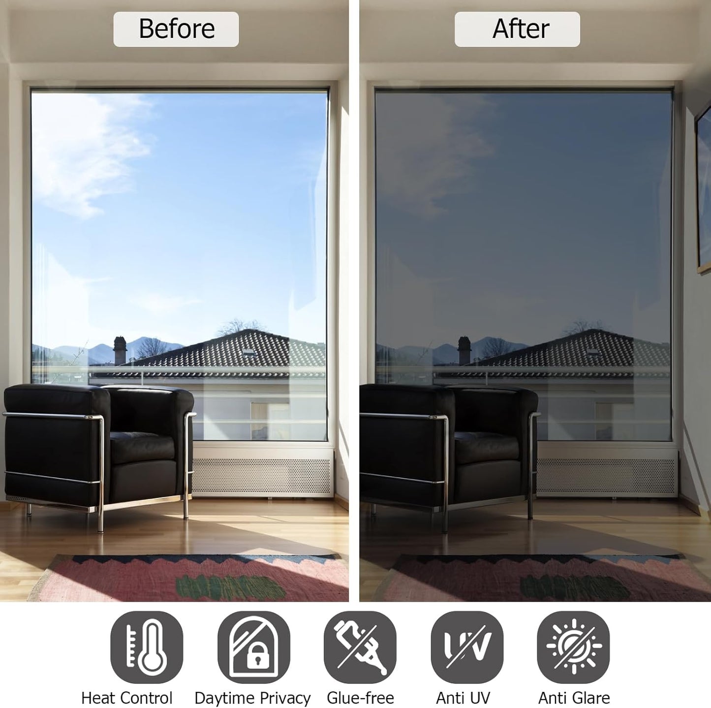 HIDBEA One Way Window Film, Daytime Privacy Sun Blocking Reflective Window Film No Glue Static Cling Heat Control Window Tinting Film for Home and Office, Black Silver, 23.6 x 78.7 Inch