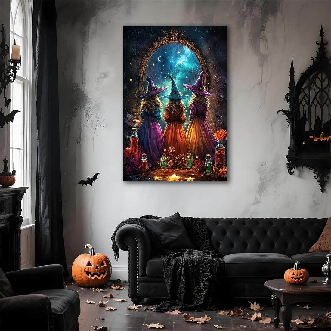 Witch Poster Halloween Fall Wall Art Decor,Three Witches with Magic Potion Mirror Colorful Vintage Print,Dark Academia Spooky Canvas Art Prints for Home Living Room,8"x12" Framed