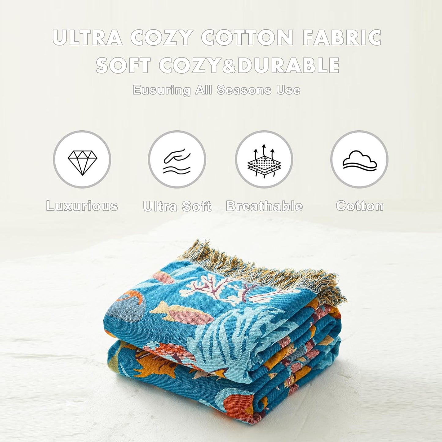 MSGKV Throw Blanket for Couch Cotton Muslin Breathable Cute Ocean Animals Blanket 50"x60" Sofa Chair Blankets for All Seasons Lightweight Farmhouse Blankets Home Decor