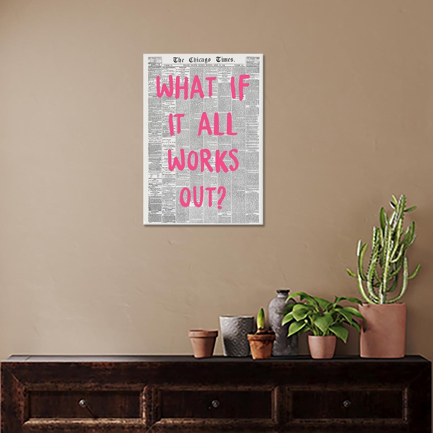 Liyark Retro Trendy Newspaper Canvas Wall Art What If All Works Out Poster Black And White Wall Art Positive Affirmation Quote Wall Art Pink Font Wall Decor Minimalist Home Decor 16x24in Framed