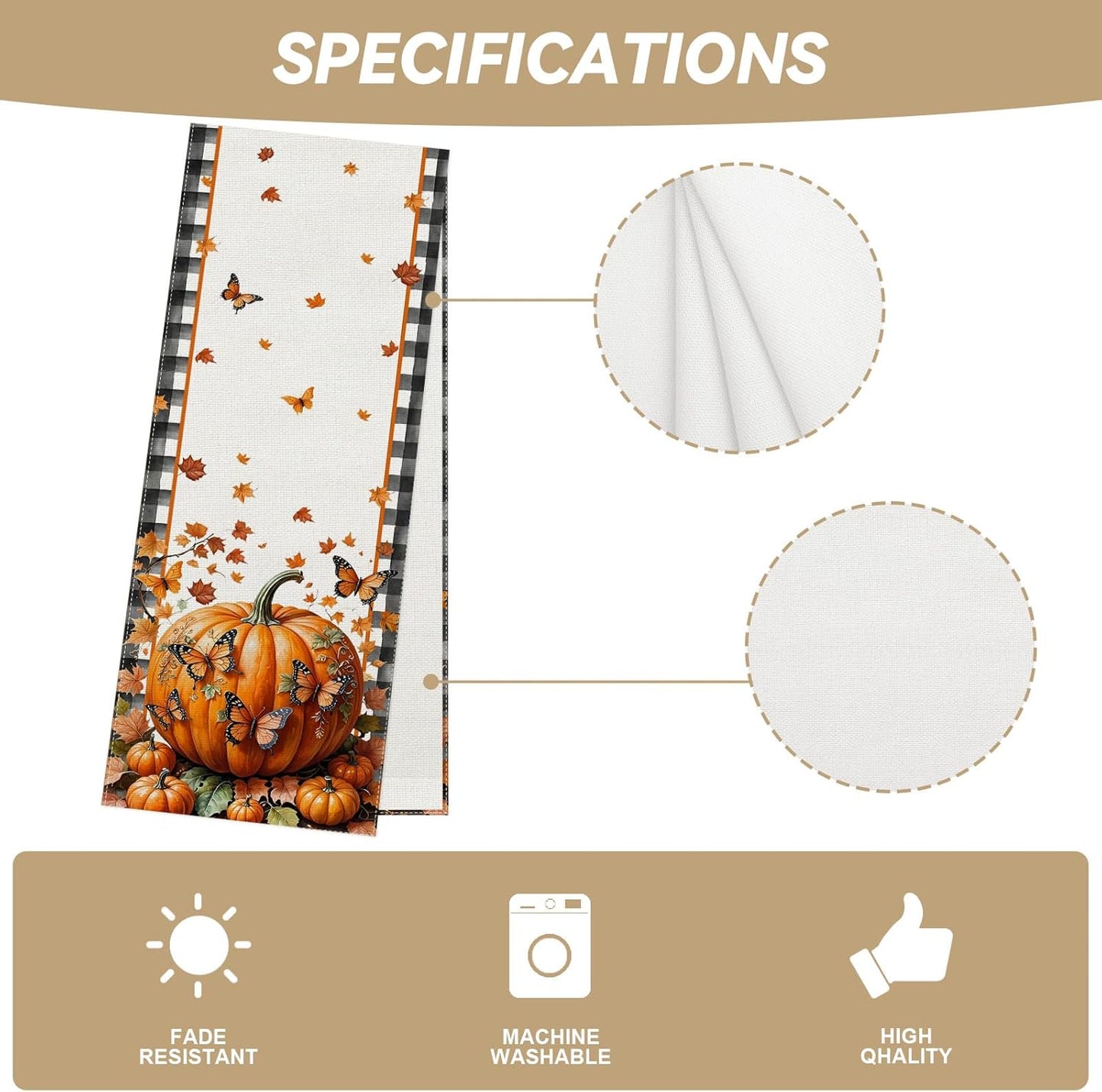 Linen Black and White Buffalo Check Plaid Fall Table Runner 72 Inches Long, Fall Leaves Pumpkin Butterfly Home Kitchen Table Decor, Farmhouse Autumn Thanksgiving Harvest Festival Decorations for Home