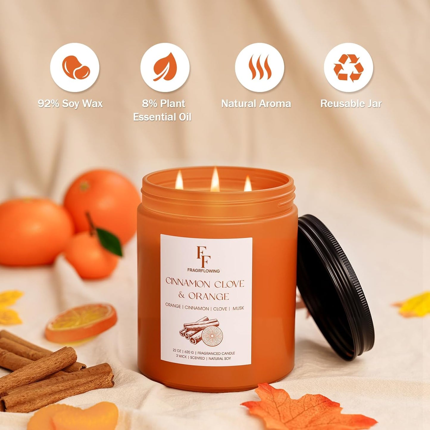 Large Fall Candle Cinnamon Clove Scented, 3-Wick 22oz Long Lasting Scented Candle, Natural Soy Wax Aromatherapy Candle for Home, Autumn Candle Gifts for Women Men