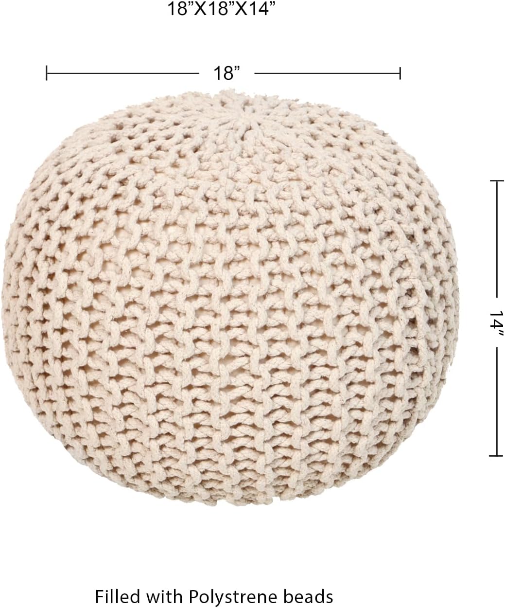 REDEARTH Round Pouf Ottoman - Cable Knitted Boho Poof - Home Décor Cord Pouffe Handmade Circular Footrest for Living Room - Bedroom - Kids Bedroom - 100% Cotton Pouf (18" x 18" x 14") - Ivory