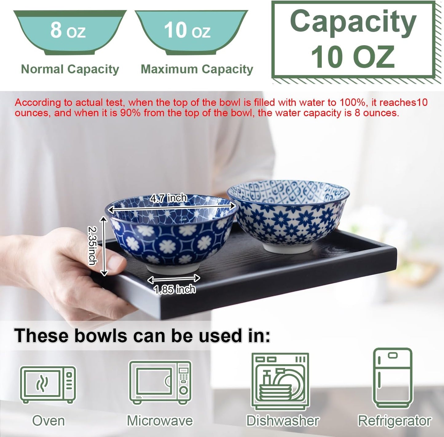 Blue and White Ceramic Bowls Set of 6, 4.7in Small Dessert bowl 10 oz for ice cream, Snack, Porcelain bowl for Dipping,Dishwasher/Microwave safe