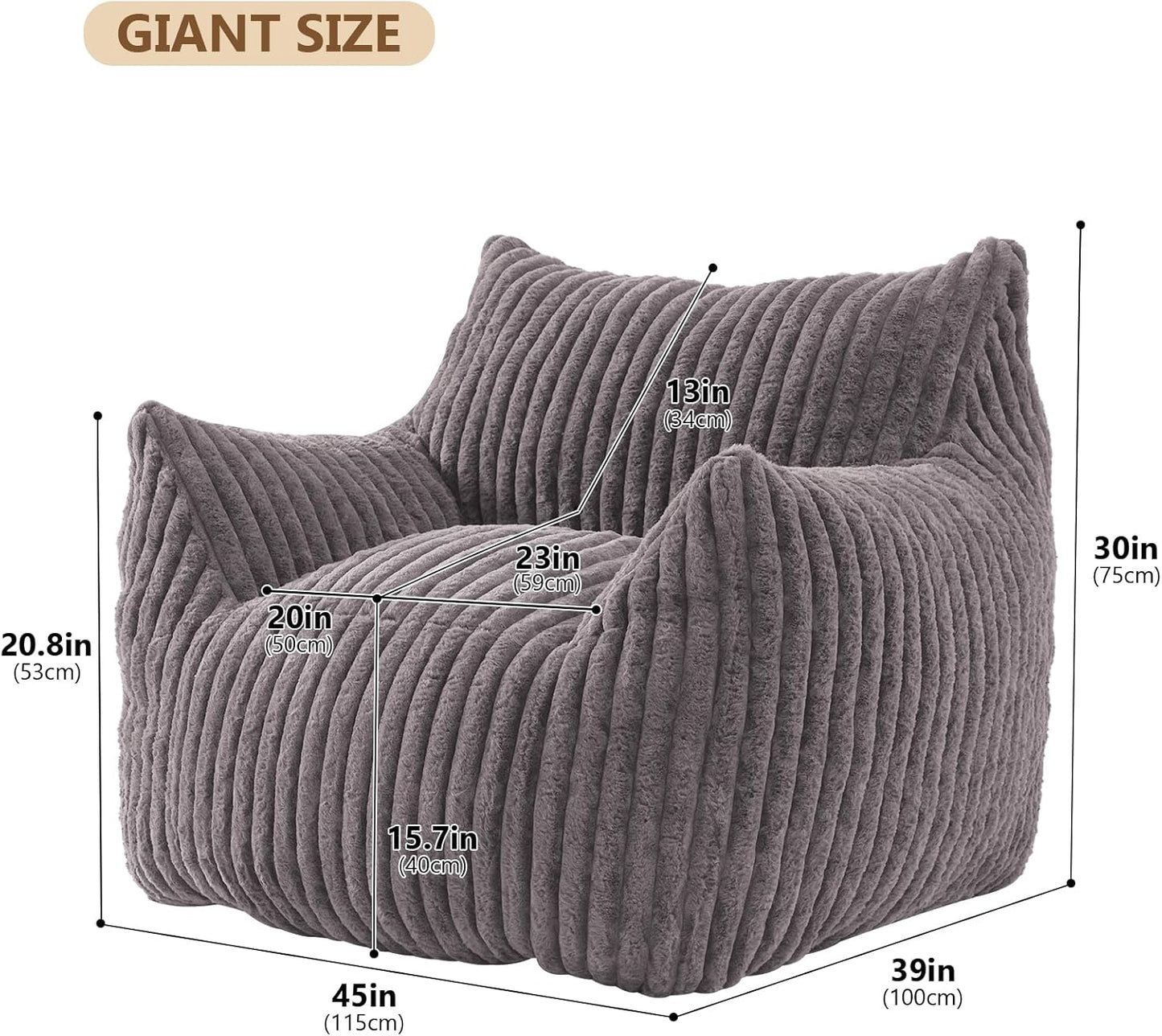 Giant Bean Bag Chairs for Adults with Filling Plush Fluffy Bean Bag Chairs for Teens with Armrests Comfy BeanBag Lazy Couch Sofa Chair for Bedroom Living Room Reading