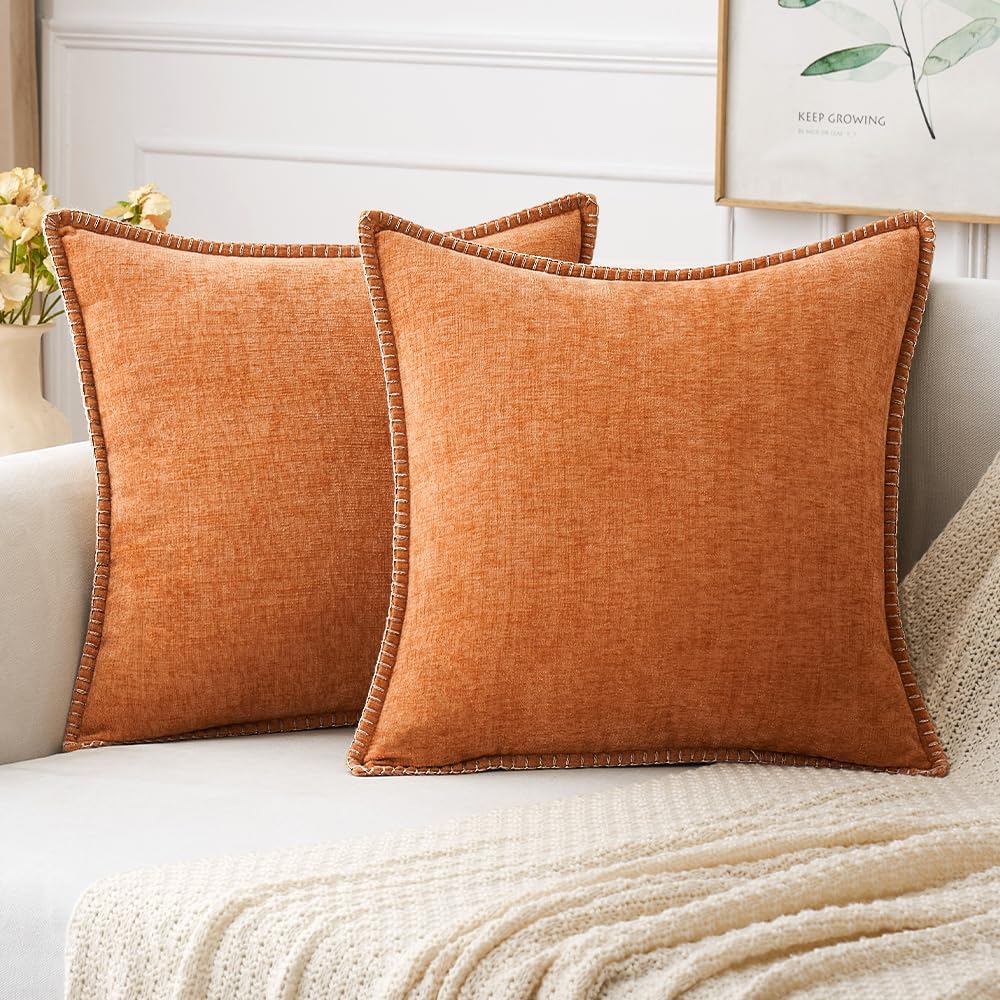 MIULEE Pack of 2 Fall Couch Throw Pillow Covers 18x18 Inch Orange Farmhouse Decorative Pillow Covers with Stitched Edge Soft Chenille Solid Dyed Pillow Covers for Sofa Bed Living Room