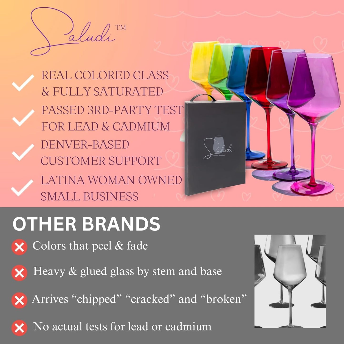 Saludi Colored Wine Glasses, 16.5oz (Set of 6) Stemmed Frida-Color Glass - Great for all Wine Types and Occasions - Luxury, Durable, Hand-Blown