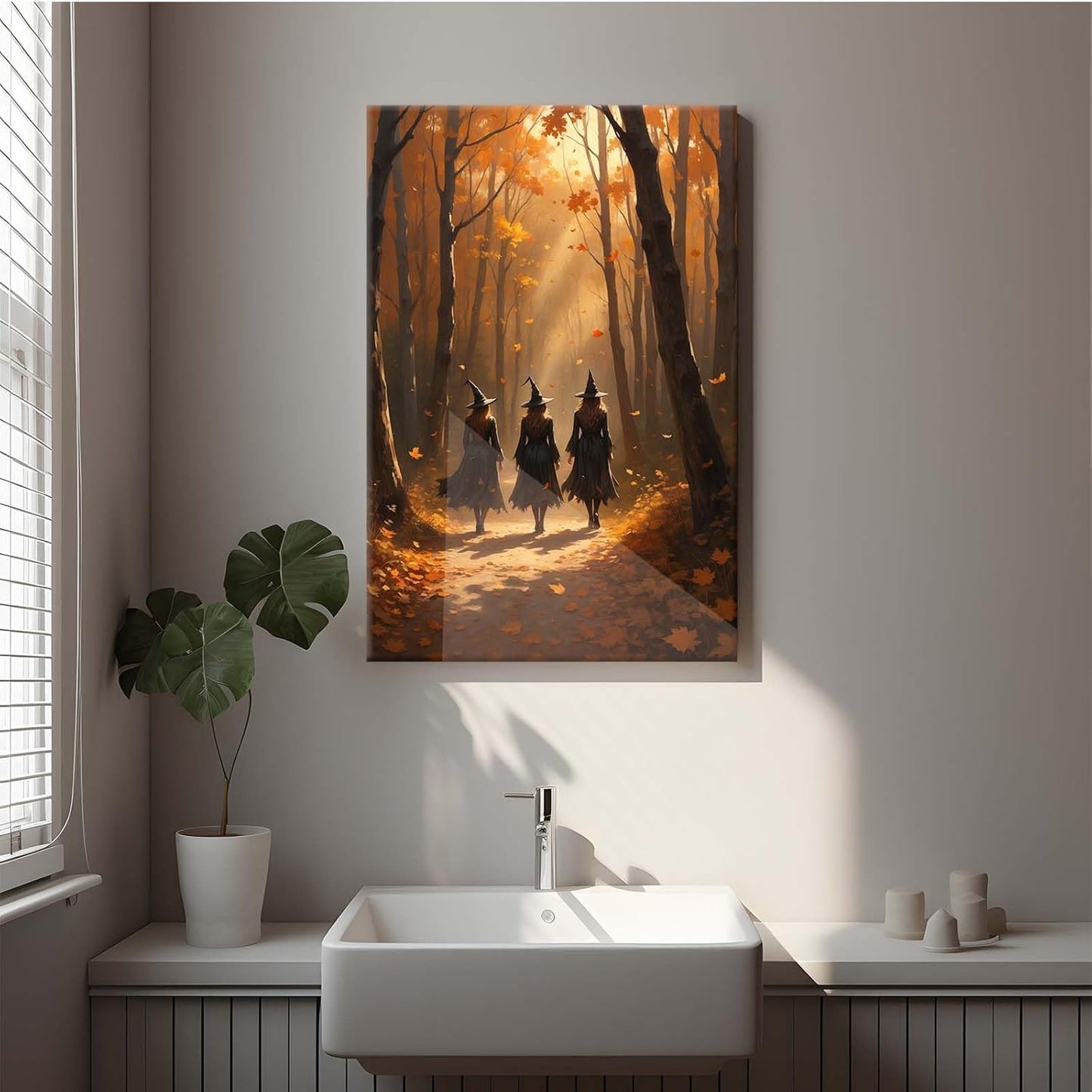 JFHCQJPK Three witches walking in the forest in autumn canvas painting gothic poster halloween print country witch wall art for home decoration16x24in Frameless