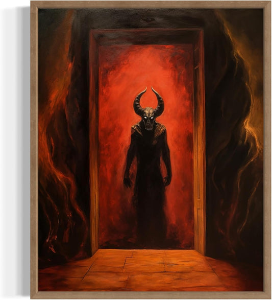 Satan and Hell Poster Art Print, Halloween Scary Vintage Wall Art Academia Spooky Painting Decoration for Horror Prints, Gothic Posters Bedroom Decor 89 (Satan and Hell, 16 x 20 inches, Wood Frame)