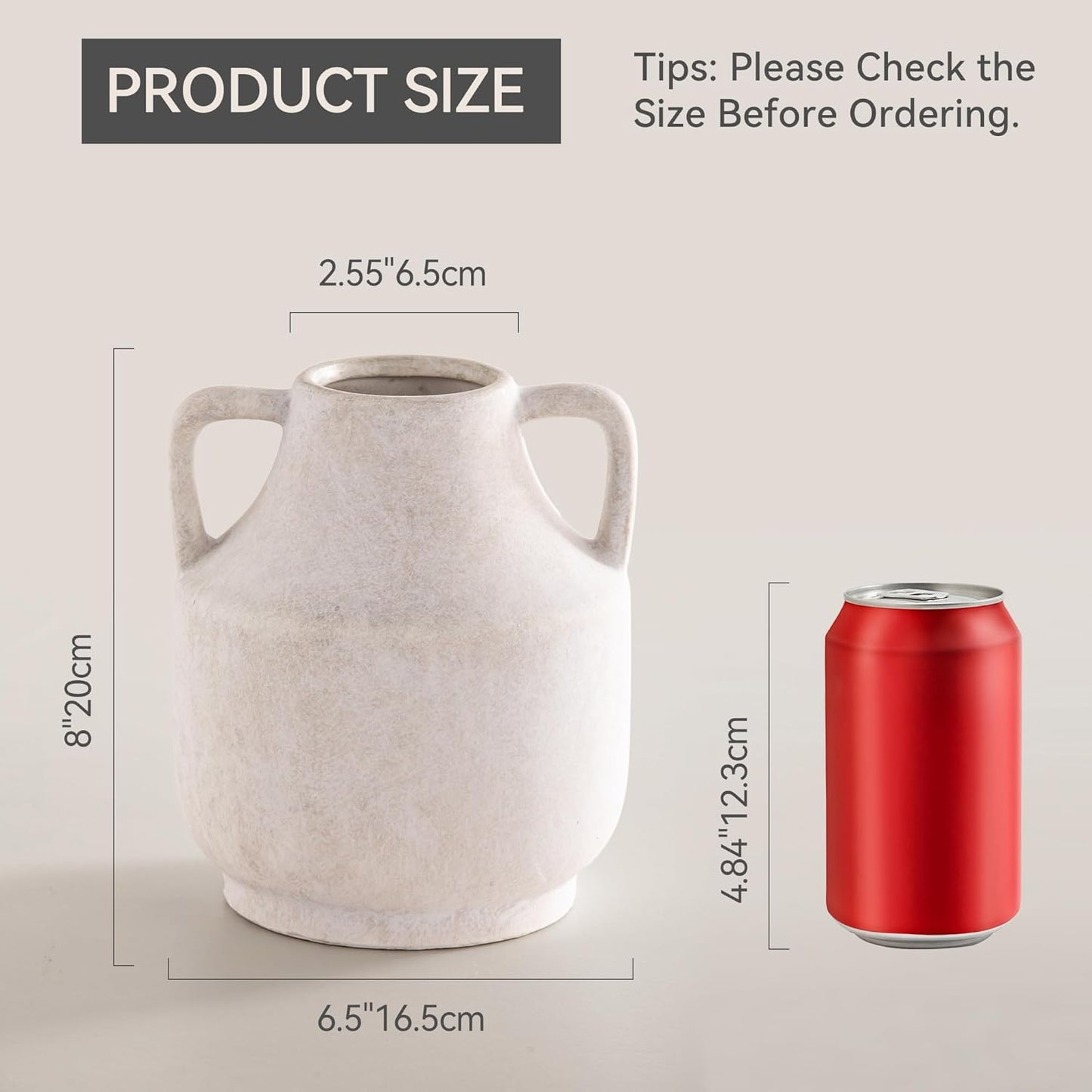 Mitt&Ditt Ceramic Flower Vase with Handles, 8 inch Tall Off-White Vase, Decorative Terracotta Vases, Farmhouse Rustic Pottery Vases for Home Decor, Living Room, Table