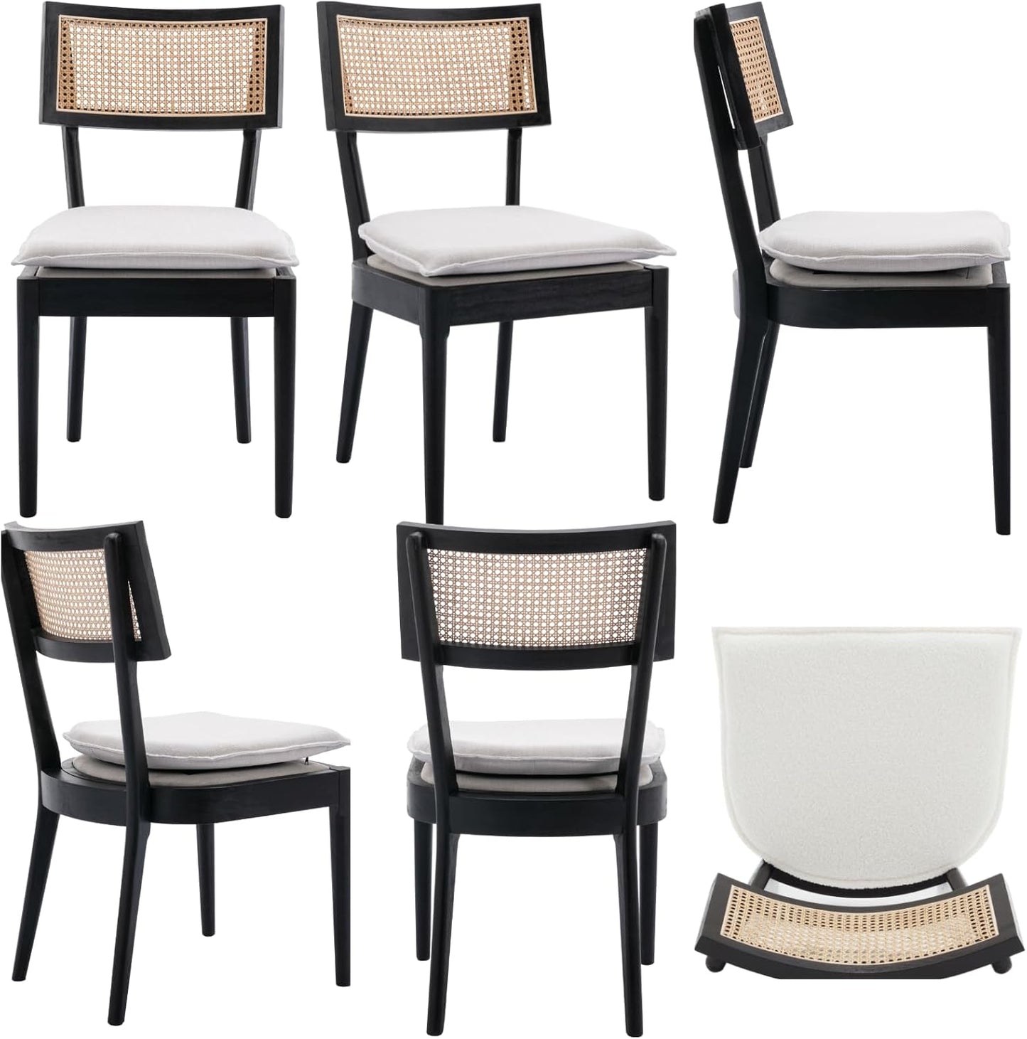 Rattan Dining Chairs Set Of 6 , Mid Century Modern Black Wooden Cane Back Chairs with Removable Linen Cushion , Retro Farmhouse Upholstered Kitchen & Dining Room Chairs for Restaurant Living Room