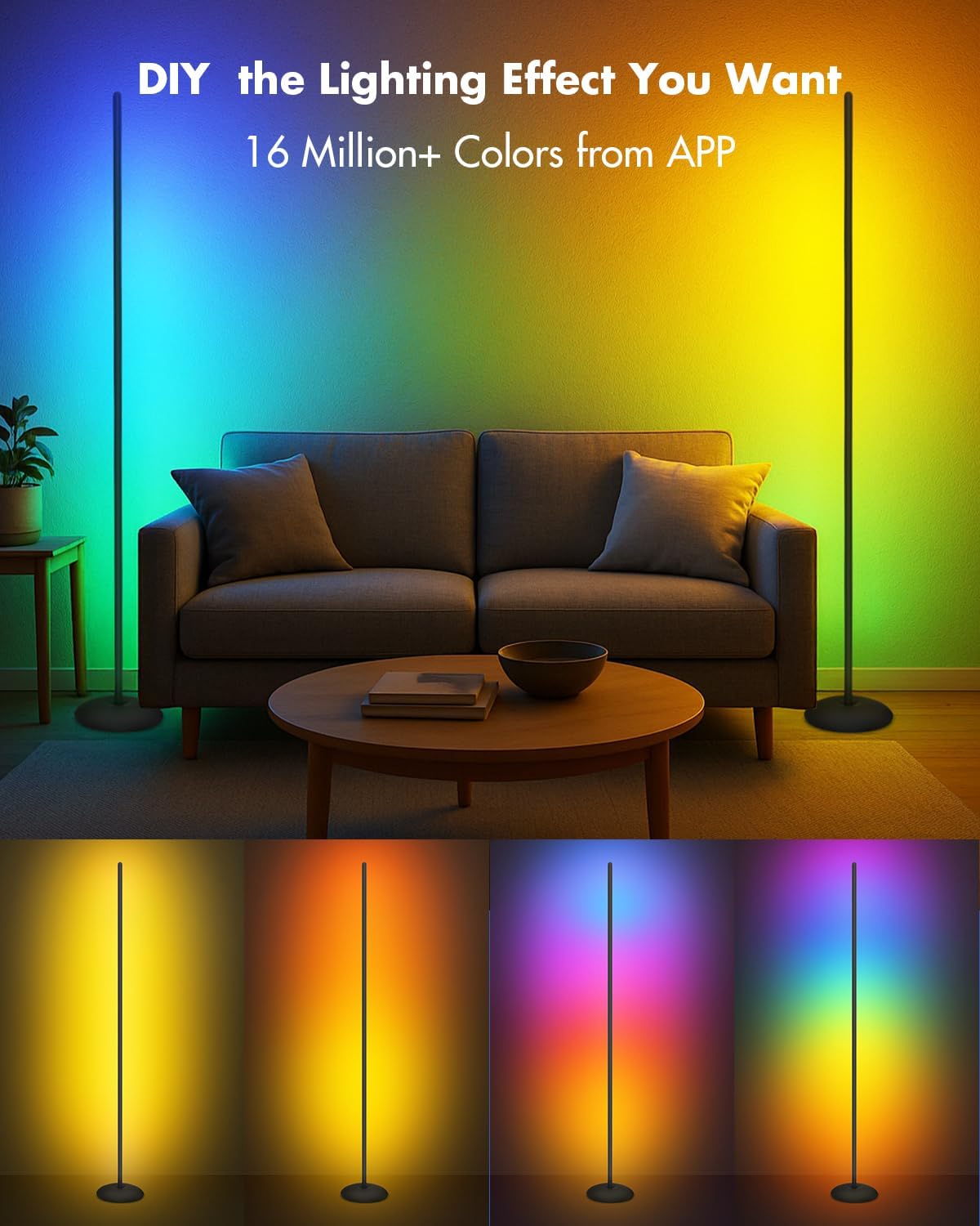 Corner Floor Lamp - 2 Pack LED Corner Lamp with App/Remote/Button Control, Smart LED Floor Lamp with Music Sync and 16 Million Colors, Color Changing Standing Lamp for Living Room, Bedroom