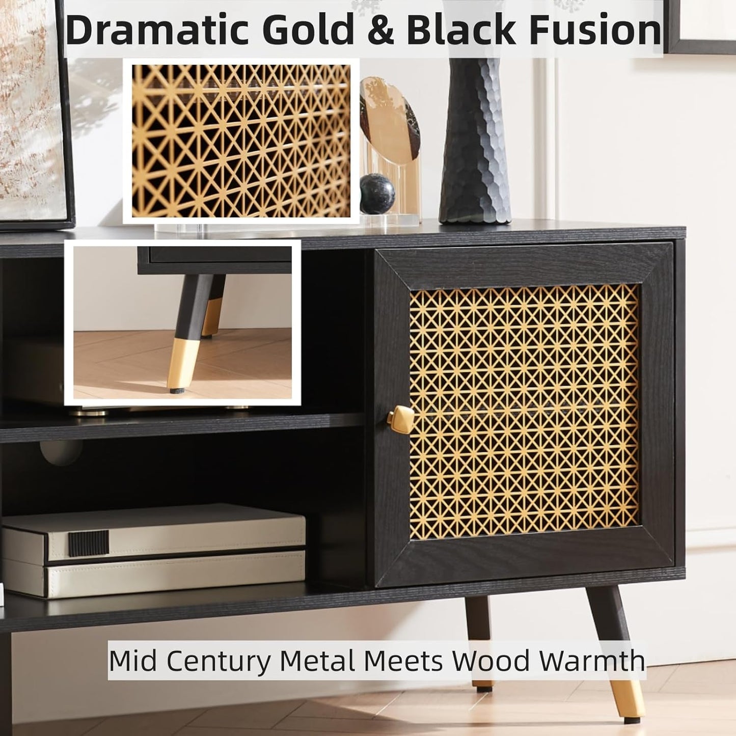 JYED Mid Century Modern TV Stand and Console for TVs Up to 75" - Black Entertainment Center, 2 Gold Metal Mesh Doors & MDF Wood Grain, 15.8" D x 66" W x 23.5" H