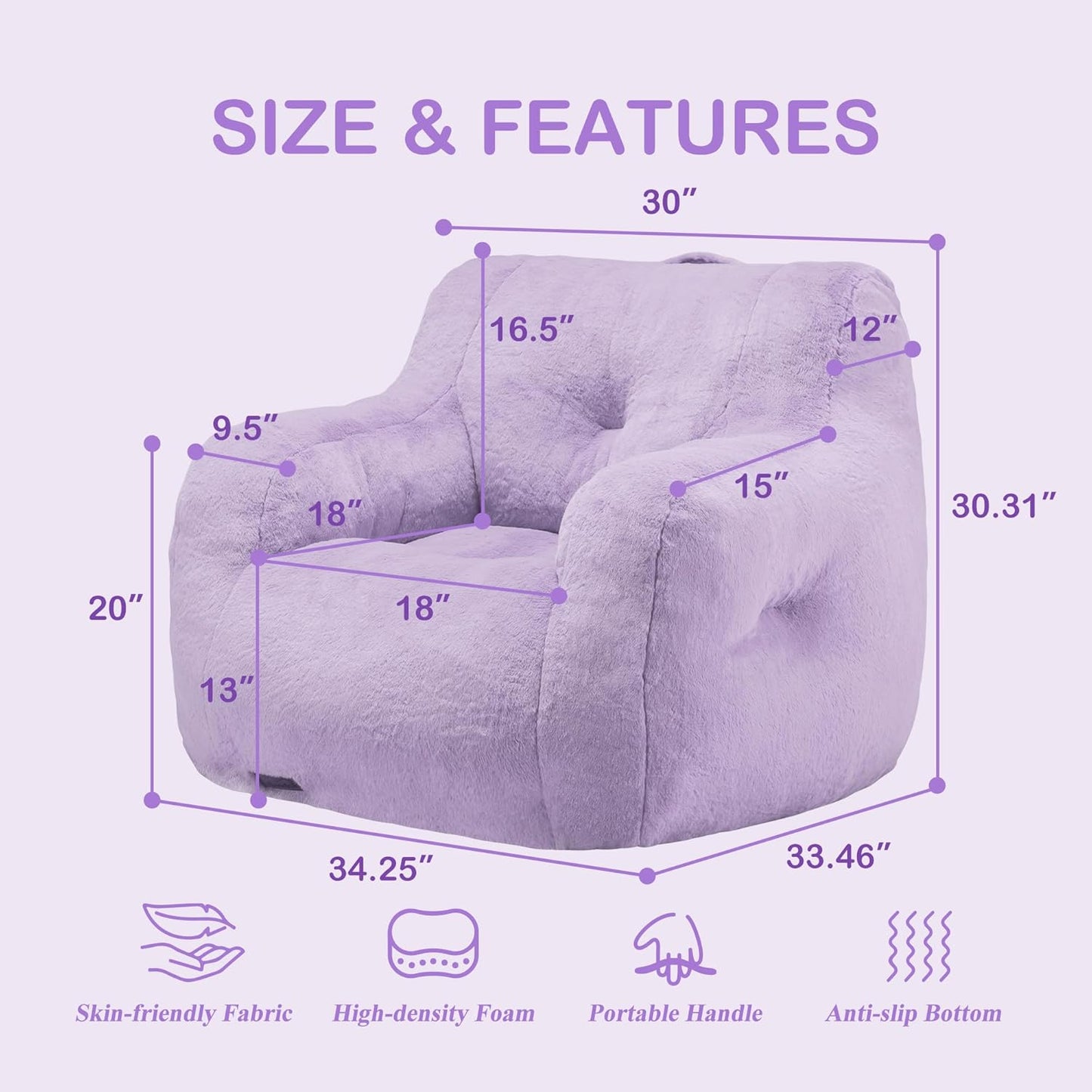 Hobestluk Bean Bag Chair for Adult Small Bean Bag Chairs with Arms Furry Beanbag Chair with Foam Filler Stuffed Bean Bag Sofa for Reading in Bedroom Living Room and Dorms (Purple)