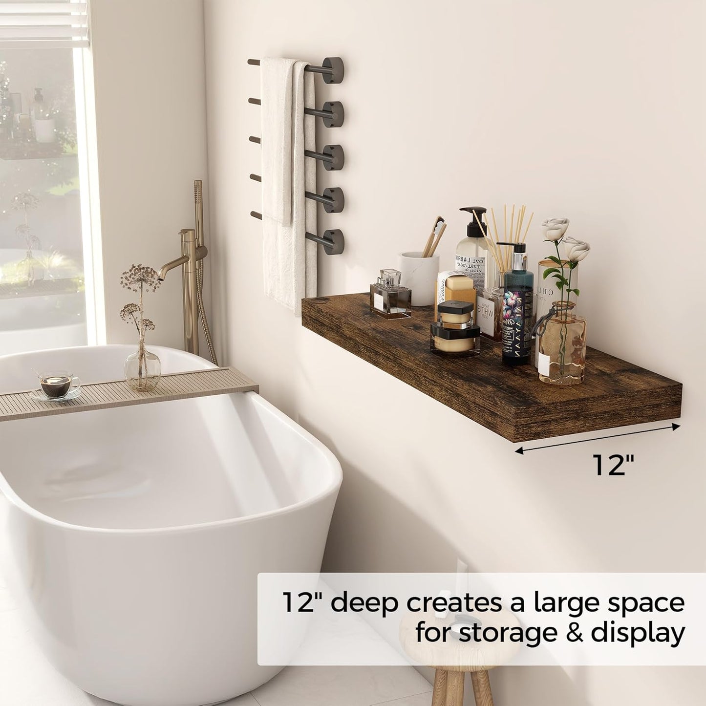 30 Inch Floating Shelves, 12 Inch Deep Floating Shelf for Wall, Rustic Deep Shelves for Books, Bathroom, Living Room, Kitchen, 30 x 12 x 2 Wood Floating Shelves, Rustic Brown Color, Set of 2