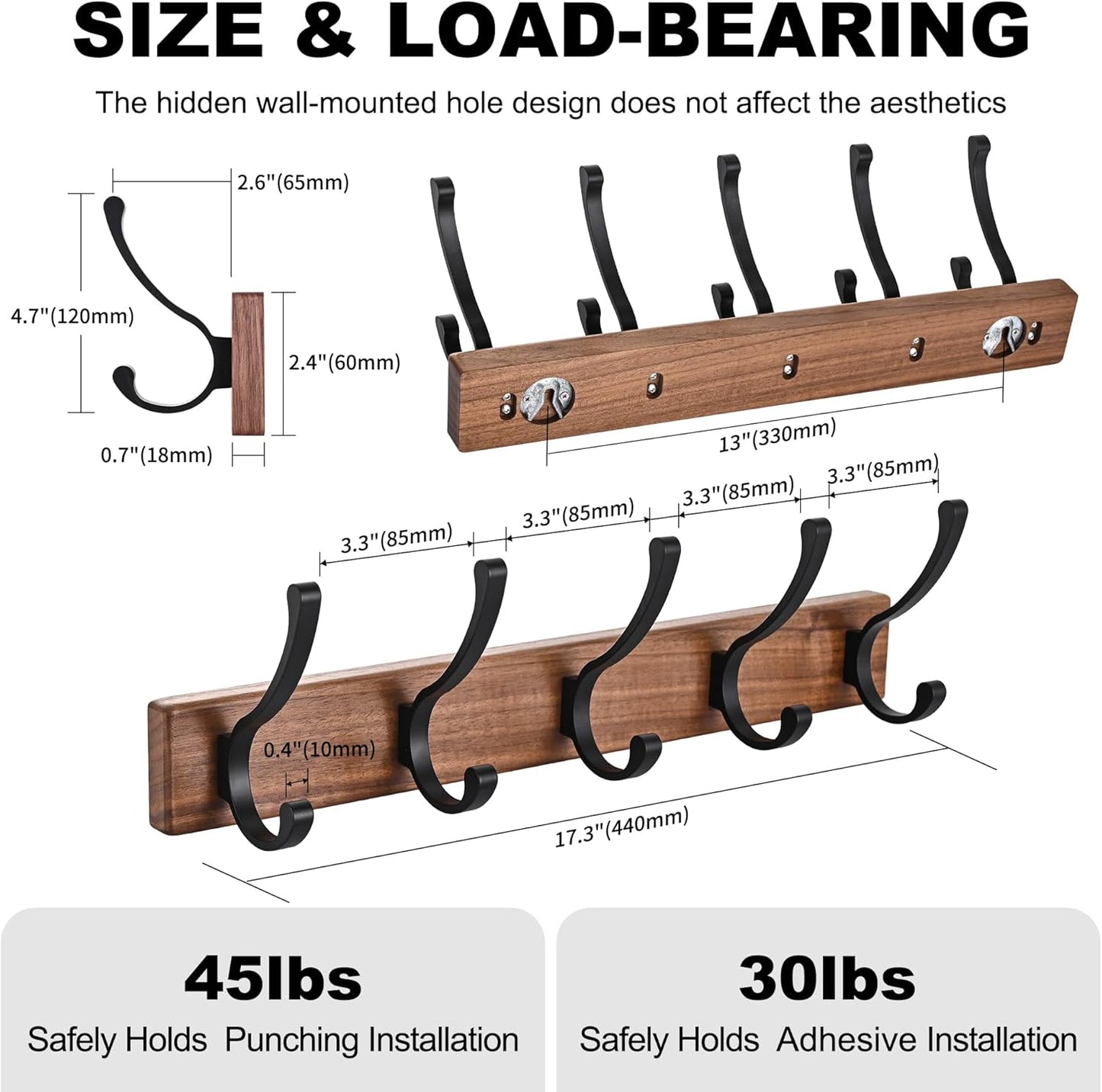 17.3" Small Wooden Coat Rack Wall Mount with 5 Hooks, Entryway Wall Hooks Coat Hanger for Hanging Towel Jacket Clothes Hat Backpack Shoe Purse Key Holder Multi Hook Rail by Black Walnut Wood