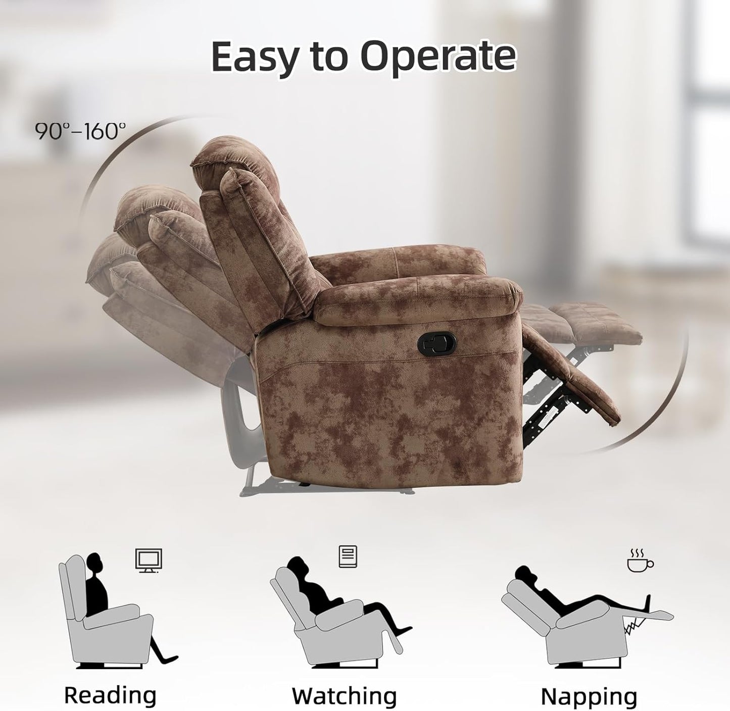 EBELLO Manual Recliner Chair, Soft Fabric Recliner Sofa with Overstuffed Armrest and Backrest for Living Room, Bedroom, Brown