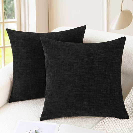 CaliTime Throw Pillow Covers Decorative 18 X 18 Inches Pack of 2 Cozy Chenille Cushion Cases for Couch Sofa Bed Living Room Home Black
