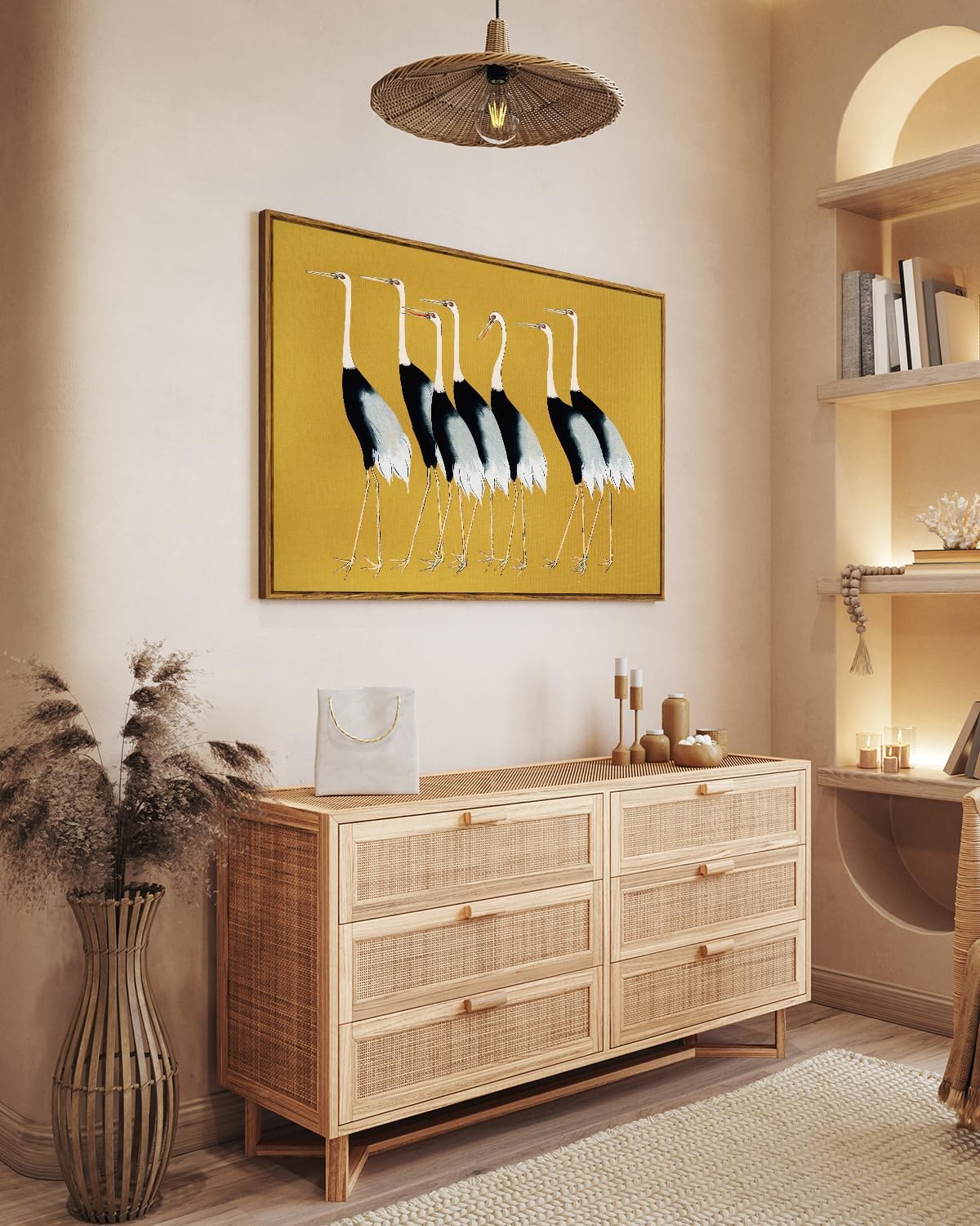 VIYYIEA Framed Wall Art Decor for Living Room Seven Cranes Art Wall Decorations Canvas Prints Vintage Painting Pictures Rustic Bathroom Decor Farmhouse Artwork for Bedroom Kitchen Office - 36L x 24W