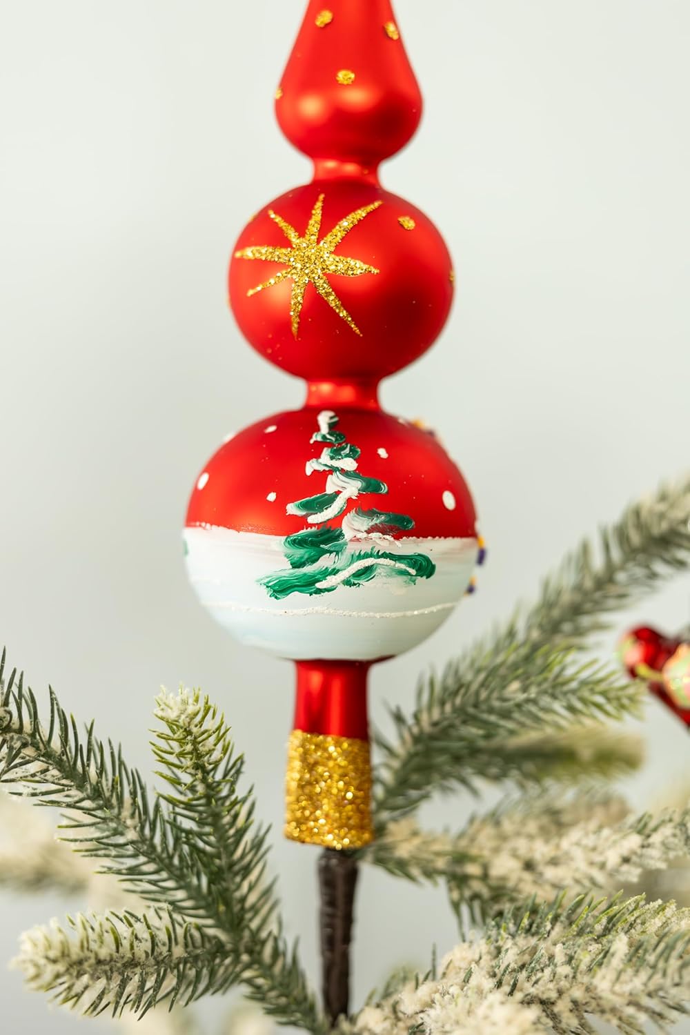 Christmas Tree Topper Spitz Glass Mouth Blown Hand-Decorated Embellishments (Red Matt, 12 inch)