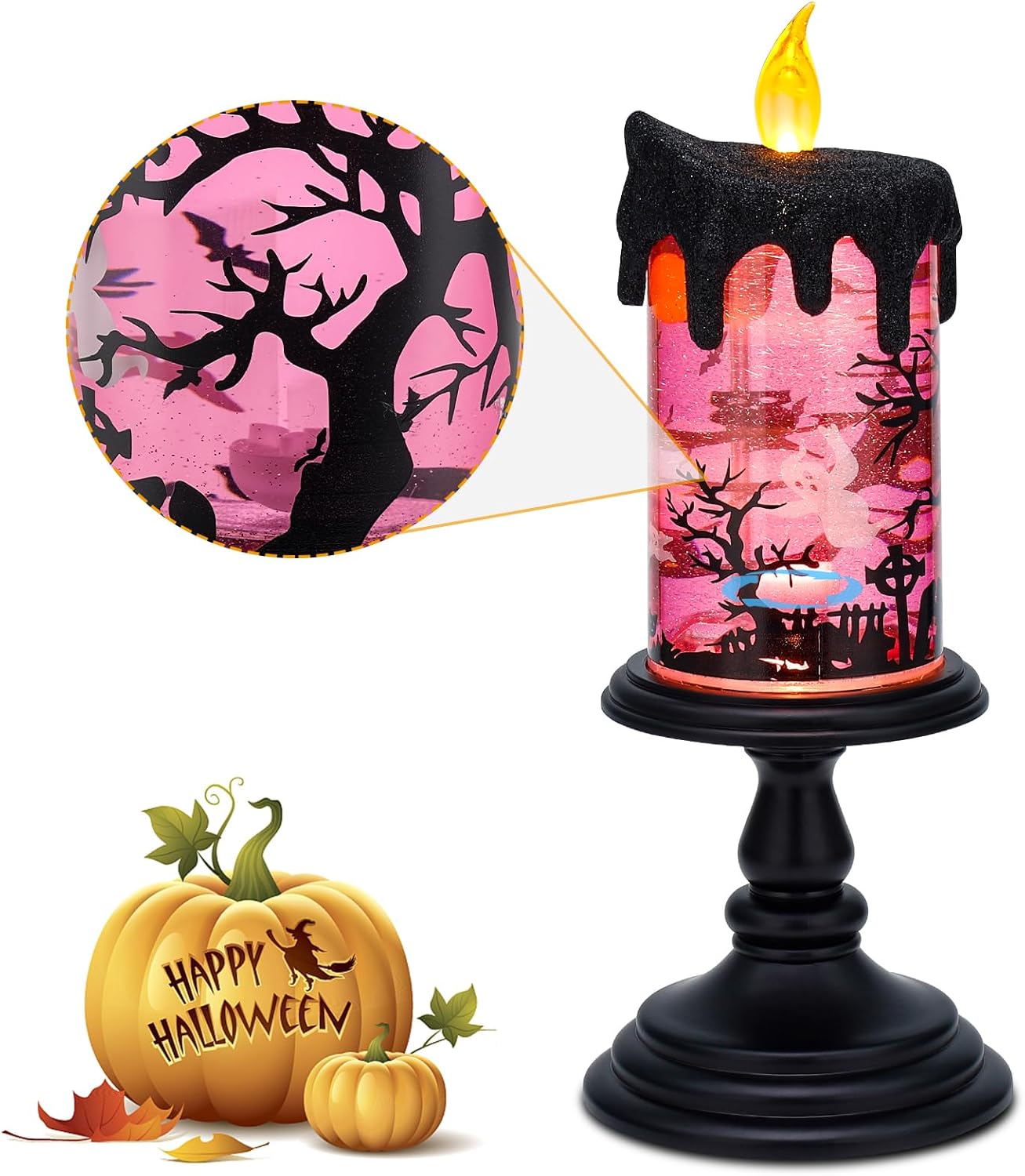 Halloween Snow Globe Candles Lighted Lamp, Lighted Flameless Candles with Water Glitter Swirls and Spooky Moving,Battery Operated