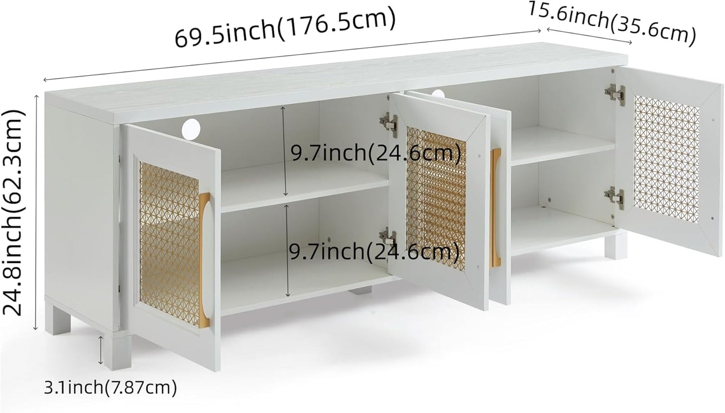 JYED Mid Century Modern TV Stand for TVs up to 75", 69.5" W White Entertainment Center with 4 Gold Metal Mesh Doors - Wood Grain MDF TV Console, Media Storage
