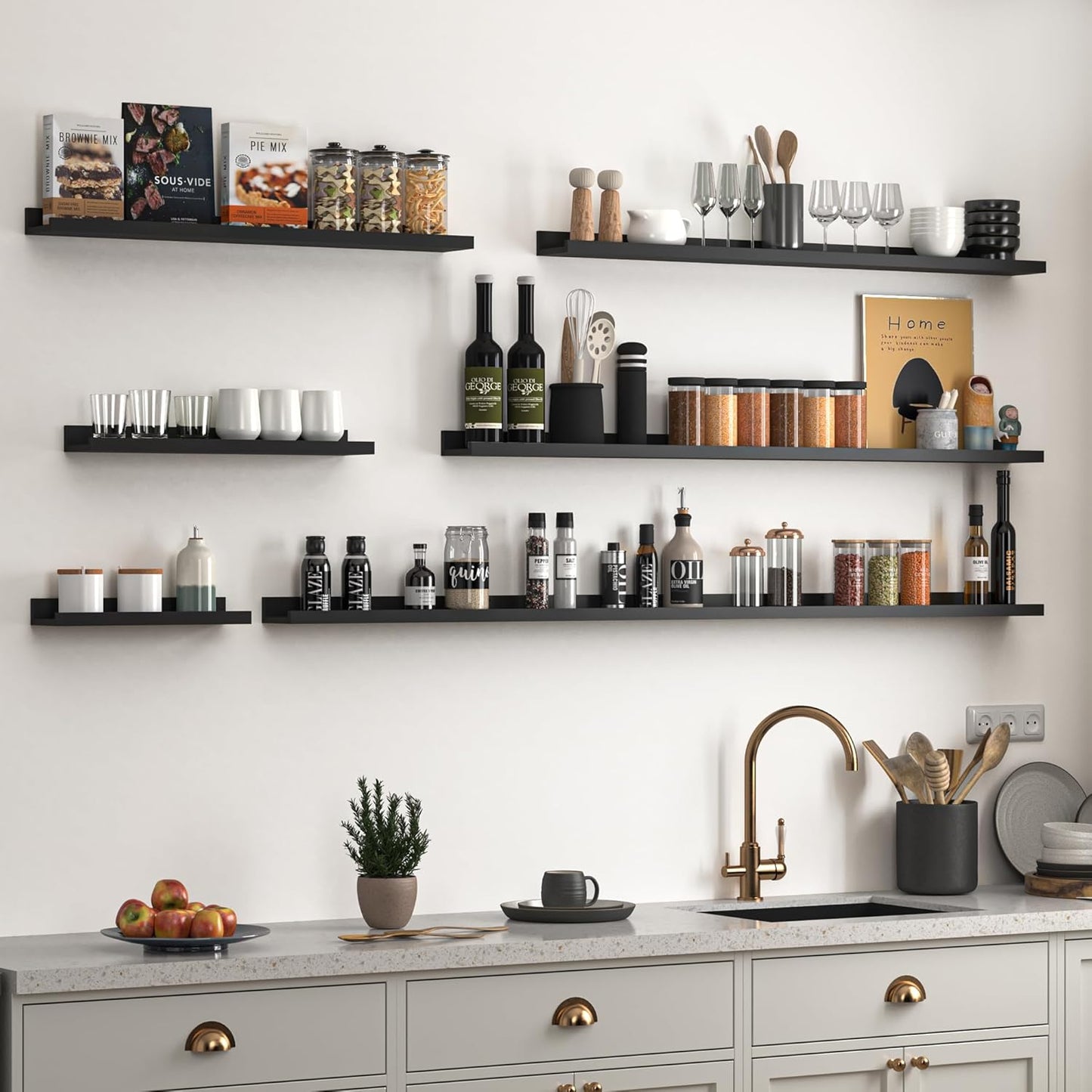 Heimlove Picture Ledge Shelf, Small Floating Shelves Set of 2, 16 Inches Picture Shelf for Wall with Ledge, Kids Bookshelf Wall Mounted for Living Room Bedroom Decor Books Photo Frames, Black