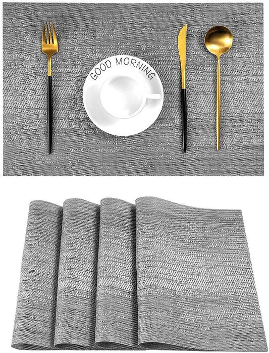 Leetaltree Grey Placemats, Heat Resistant Non-Slip Place mats for Dining Table, Washable Durable PVC Vinyl Woven Table Mats (Set of 4)