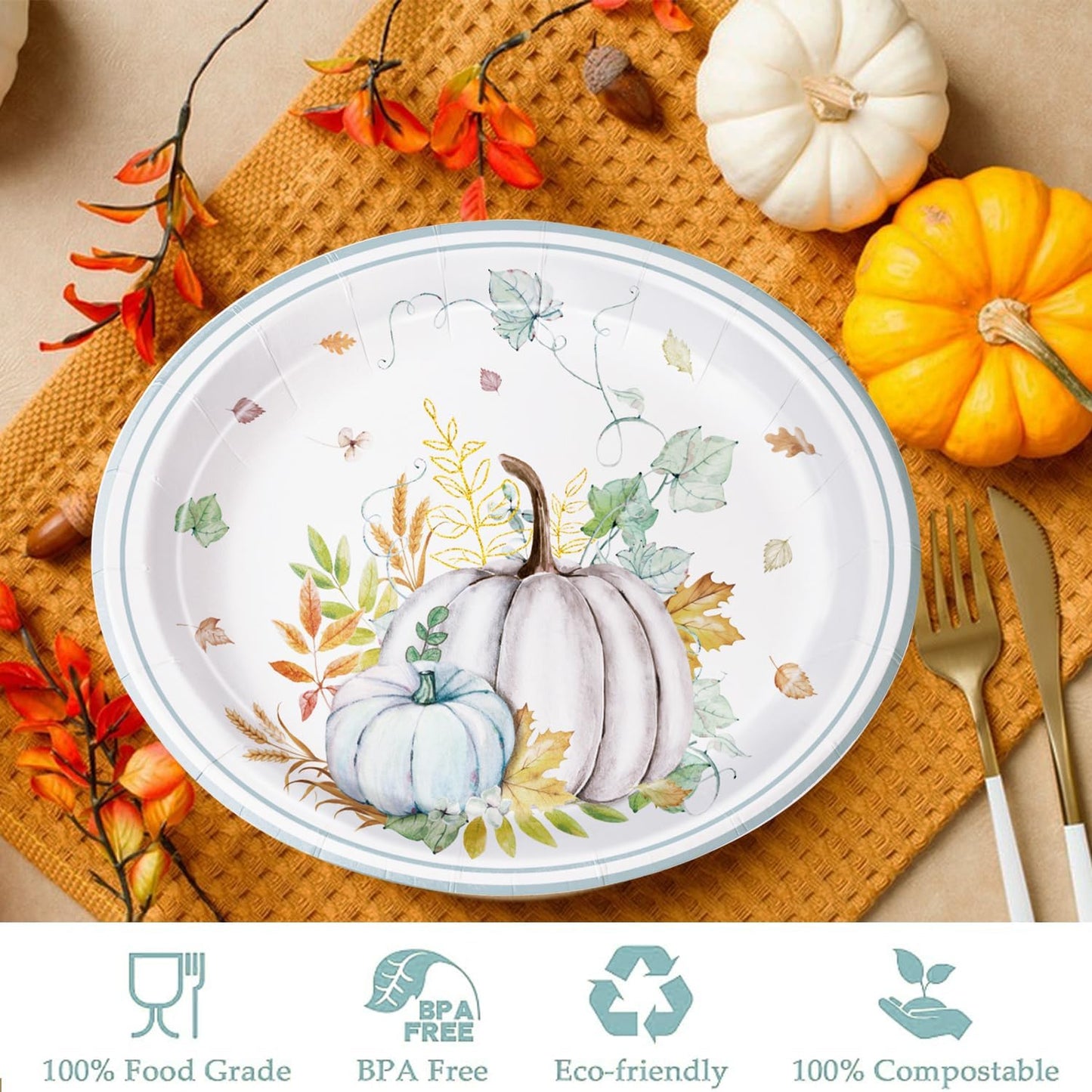 25 Pcs Fall Paper Plates Large 9" X 11" Thanksgiving Pumpkins Maple Leaf Disposable Autumn Dinnerware for Harvest Thanksgiving Party Decorations