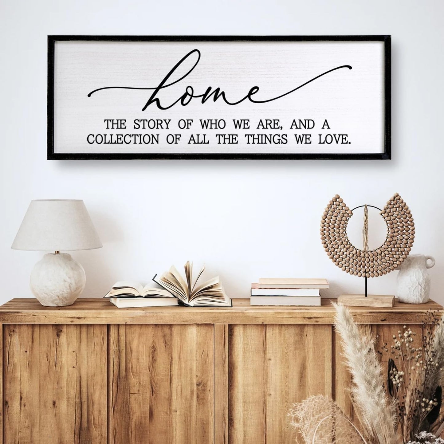 Home is the Story of Who We Are & a Collection of all the Things we Love Sign Framed Wall Art, 40''×15'' Rustic Horizontal Family Quote Wood Sign, Farmhouse Long Home Plaque Wall Decor
